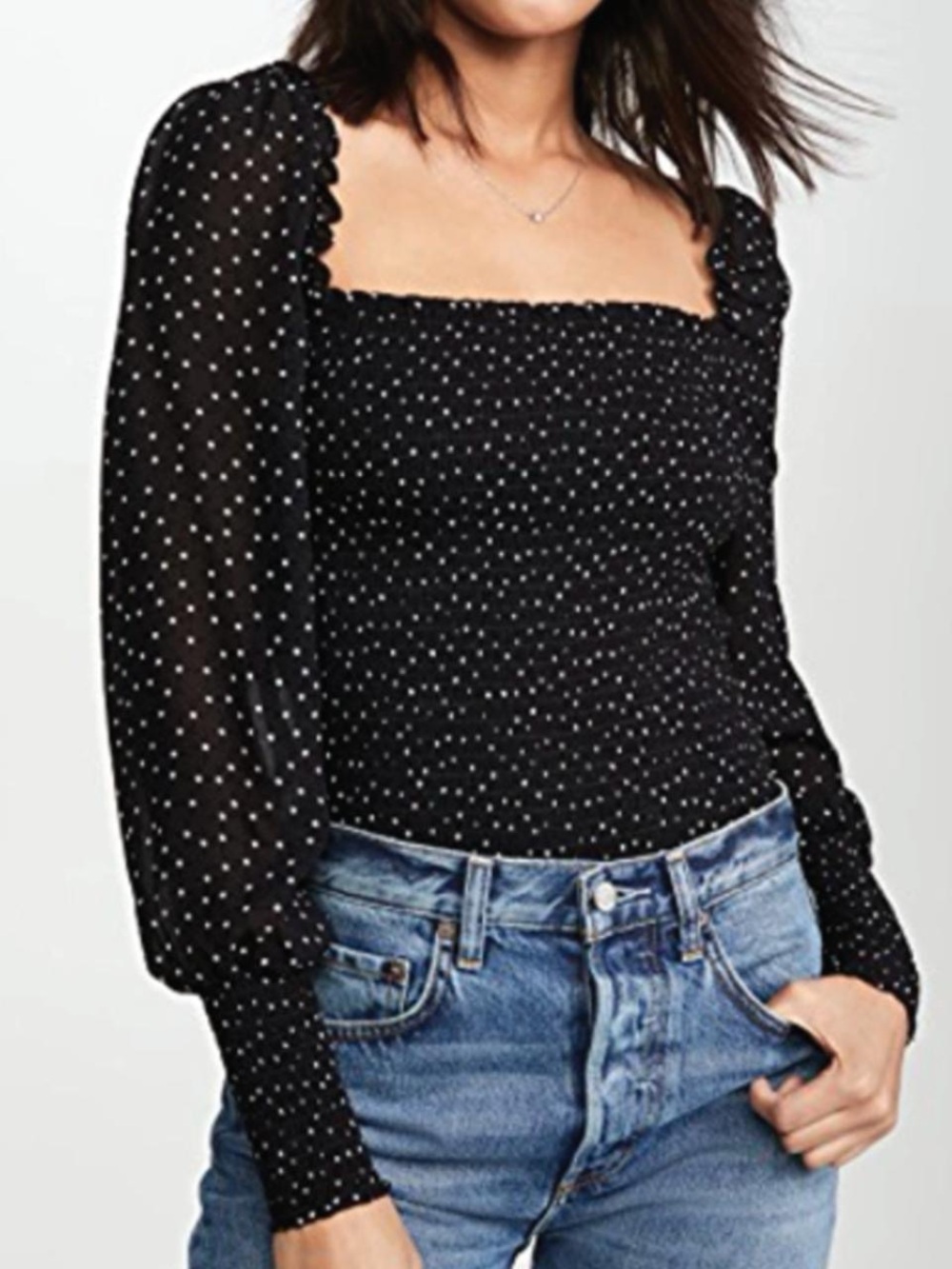 ReformationBlack Polka Dot Square-Neck Smocked Top